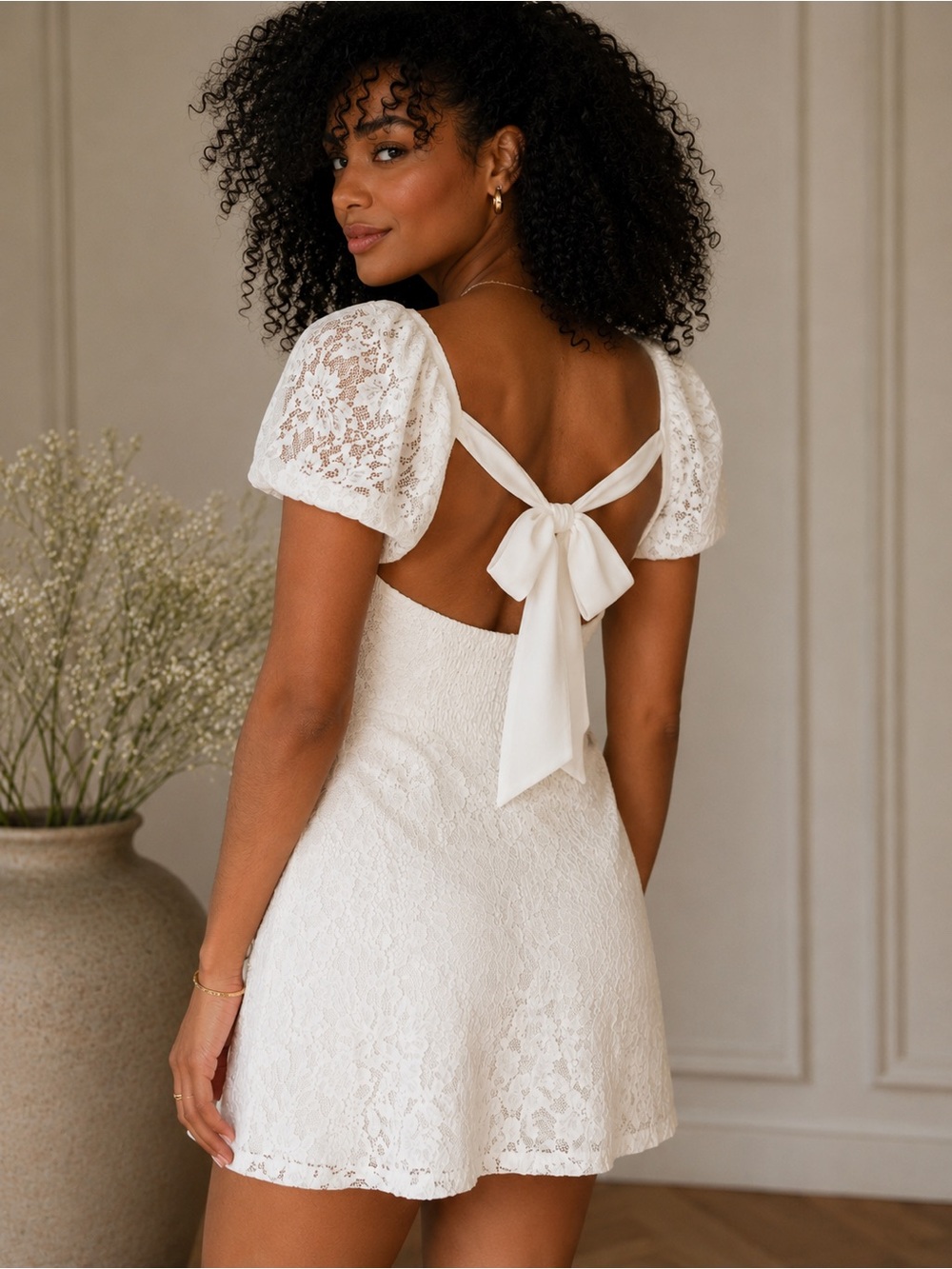 Free People White Lace Mini Dress Open Tie Back Puff Sleeve Boho Romantic